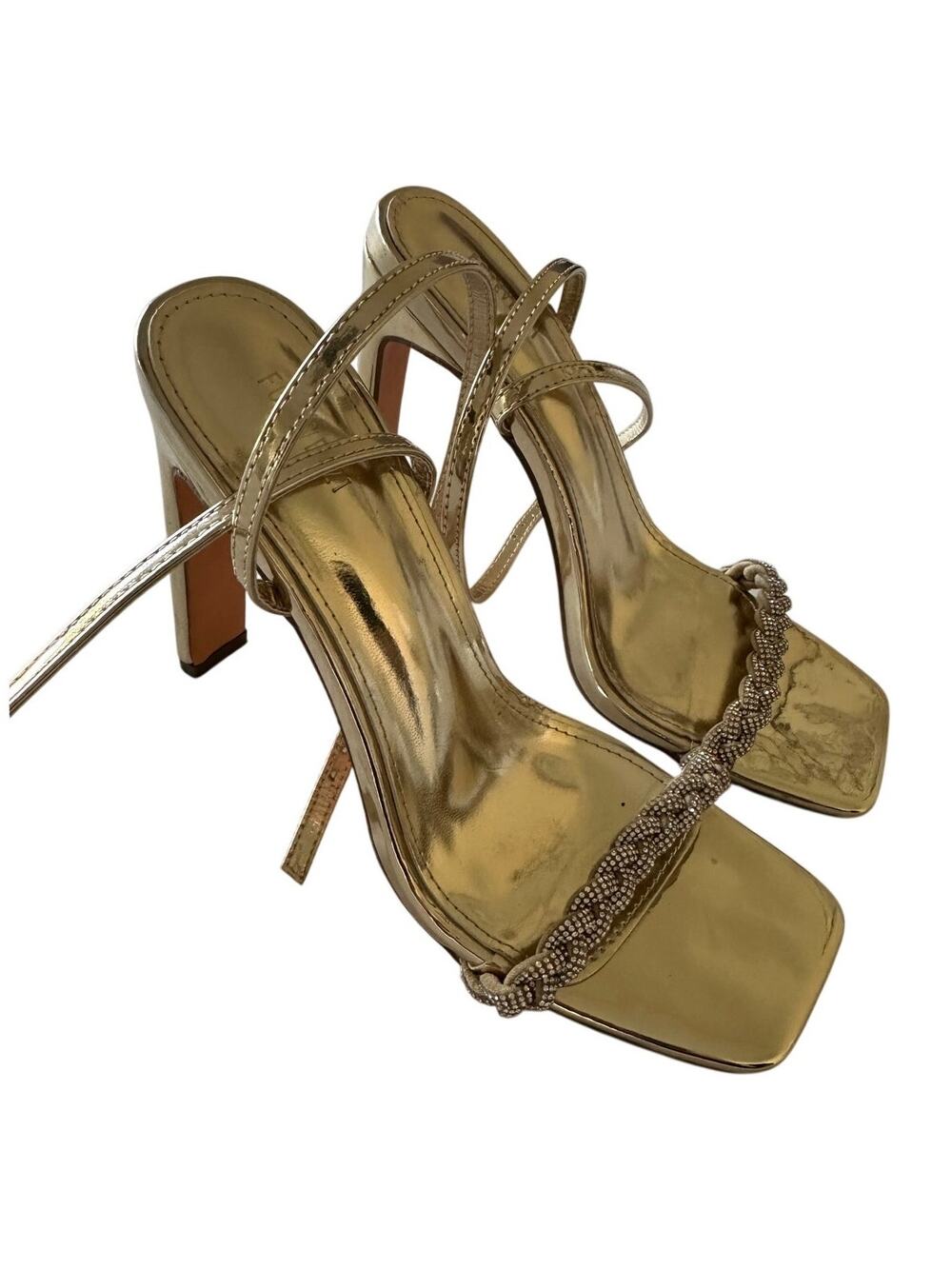 Forever 21 Gold Metallic Rhinestone Lace Up Block Heel Sandals Women's 7